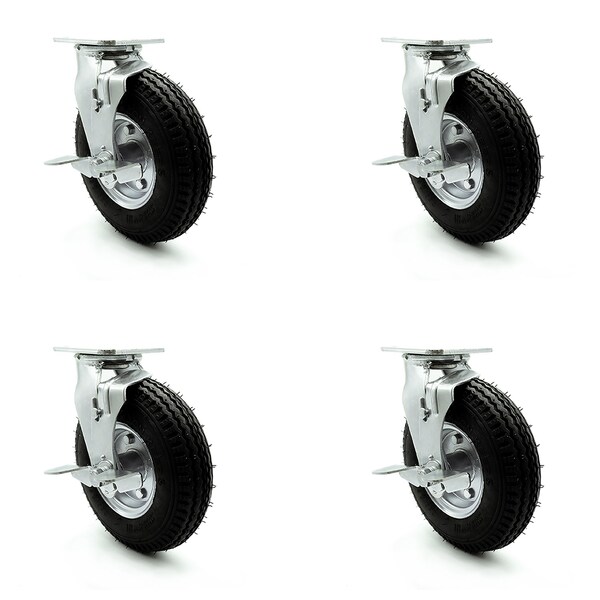 8 Inch Black Pneumatic Wheel Swivel Casters with Brakes and Bolt Swivel Lock Set